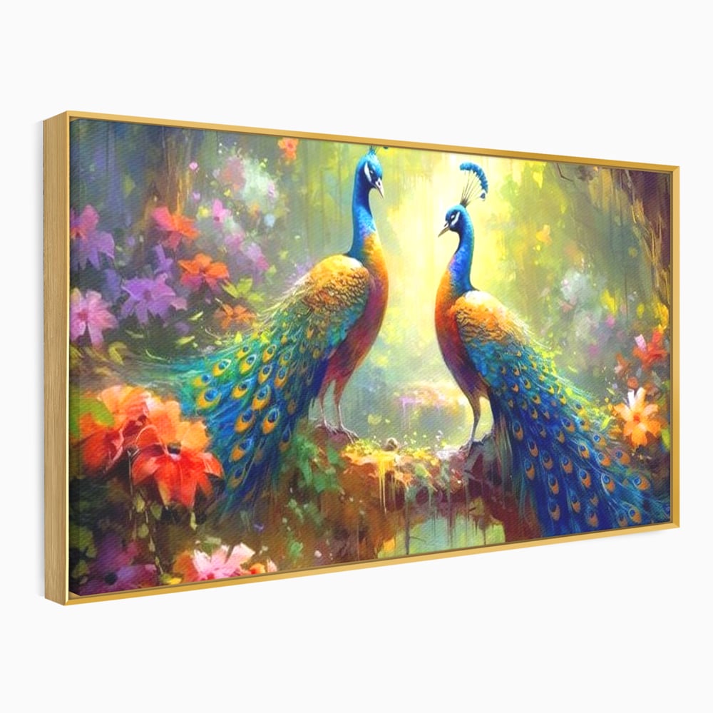 Tablou canvas cu tablou canvas cu doi pauni colorati, in rama de aluminiu auriu